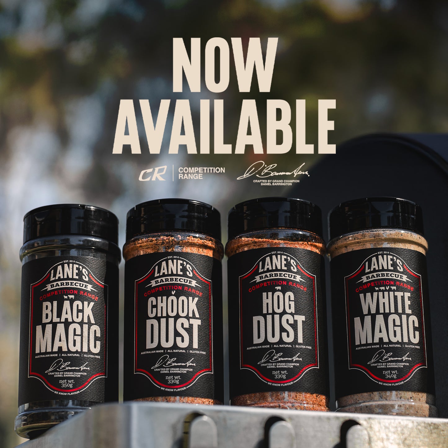 Four jars of Lane's Barbecue spices with 'Now Available' text and a blurred grill in the background.