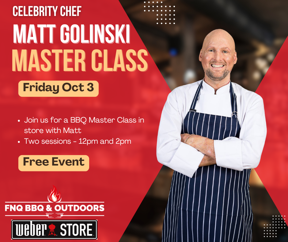 Photo of Matt Golinski, celebrity chef to announce the Master Classes he will be holding at FNQ BBQ and Outdoors on Oct 3 at 12pm and 2pm. Free Event